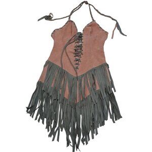 Handcrafted Trashy Women's Fringe Leather/Suede Halter Dress- LT3176